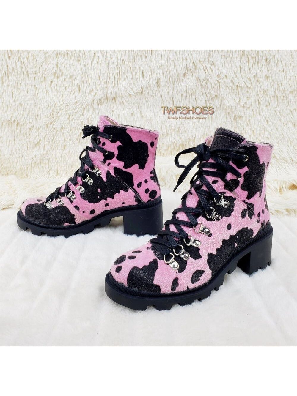 Kick Ass Baby Pink Faux Fur Cow Print Lug Sole Combat Cow Kickers Ankle boots